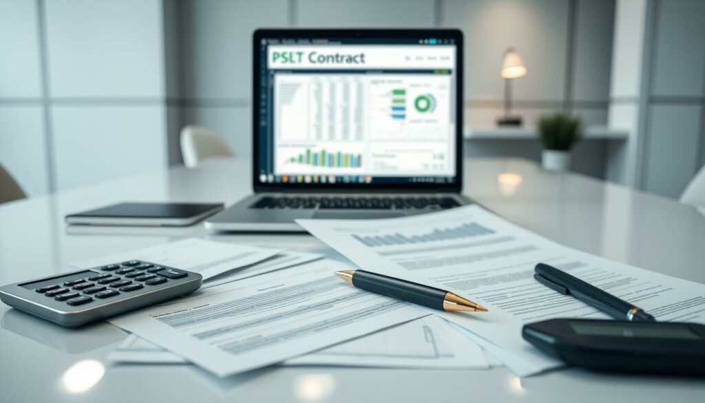 A detailed financial contract comparison displayed on a sleek, modern desk. In the foreground, crisp financial documents, calculators, and a pen lying neatly arranged. The middle ground showcases a laptop screen displaying complex spreadsheets and charts, illuminated by the soft glow of the display. In the background, a minimalist office setting with clean lines, muted colors, and subtle lighting, creating a professional, analytical atmosphere. The overall composition conveys a sense of careful consideration and decision-making around the financial details of a significant contract.