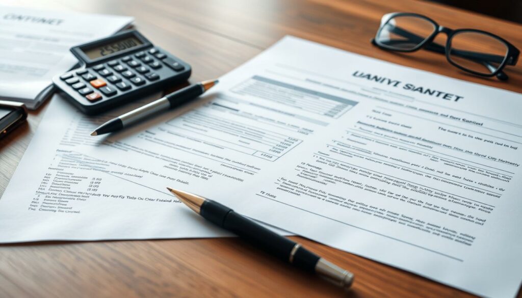 A detailed financial contract spread out on a wooden desk, with a pen, calculator, and glasses nearby. The document's pages are neatly organized, showcasing the intricate negotiations and financial terms of Leroy Sané's transfer deal. The lighting is soft and natural, creating a sense of professionalism and attention to detail. The background is slightly blurred, keeping the focus on the contractual elements. The overall atmosphere conveys the importance and complexity of the financial aspects involved in Sané's high-profile move.