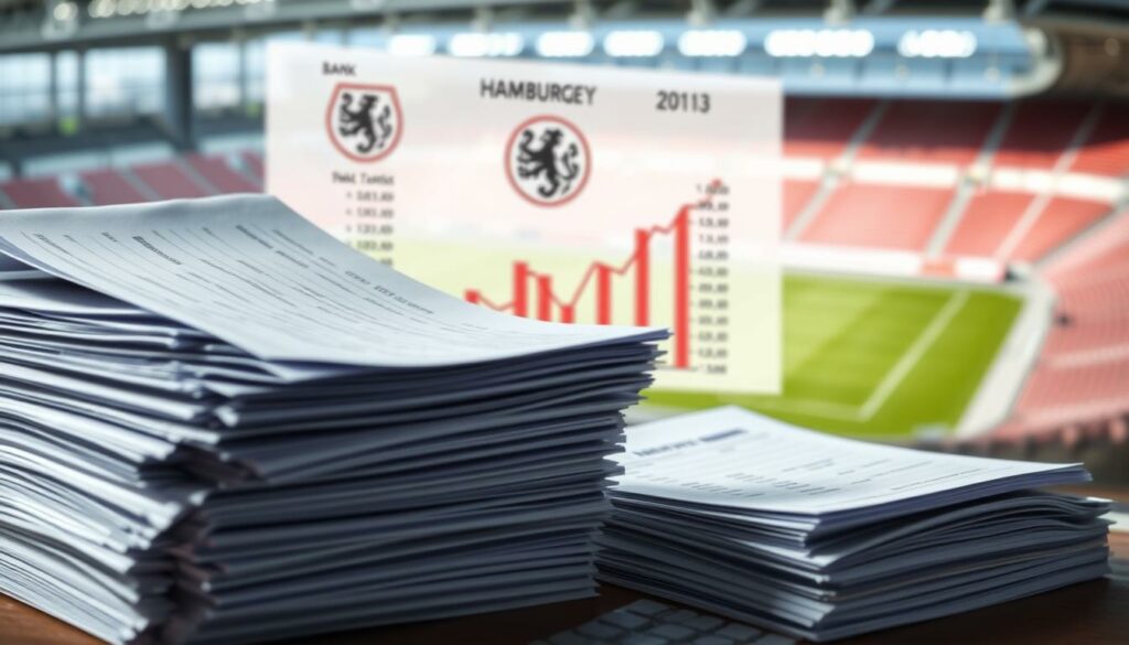 A detailed financial report depicting the financial impacts on the Hamburger SV (HSV) football club. In the foreground, a stack of bank statements, ledgers, and financial documents convey the complex financial data. In the middle ground, a graph or chart visualizes the club's financial performance, highlighting key metrics and trends. In the background, a blurred stadium scene or team logo suggests the larger context of the club's operations. The lighting is crisp and professional, emphasizing the seriousness and gravity of the financial situation. The overall mood is one of analytical scrutiny, with a hint of concern for the club's financial future.