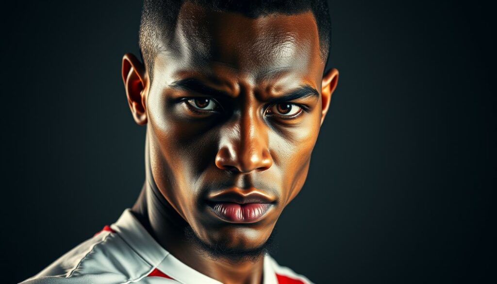 A detailed, hyperrealistic portrait of Silas Katompa-Mvumpa, the talented midfielder for VfB Stuttgart. Set against a softly blurred background, the subject is captured in a thoughtful, focused expression, his intense gaze directly engaging the viewer. Meticulously rendered facial features, from the defined jawline to the piercing eyes, convey a sense of determination and athleticism. The player's muscular physique is highlighted by crisp, dramatic lighting from the left, casting dramatic shadows that accentuate the contours of his body. The overall mood is one of intensity and power, reflecting Silas' dynamic playing style and his importance to his team.