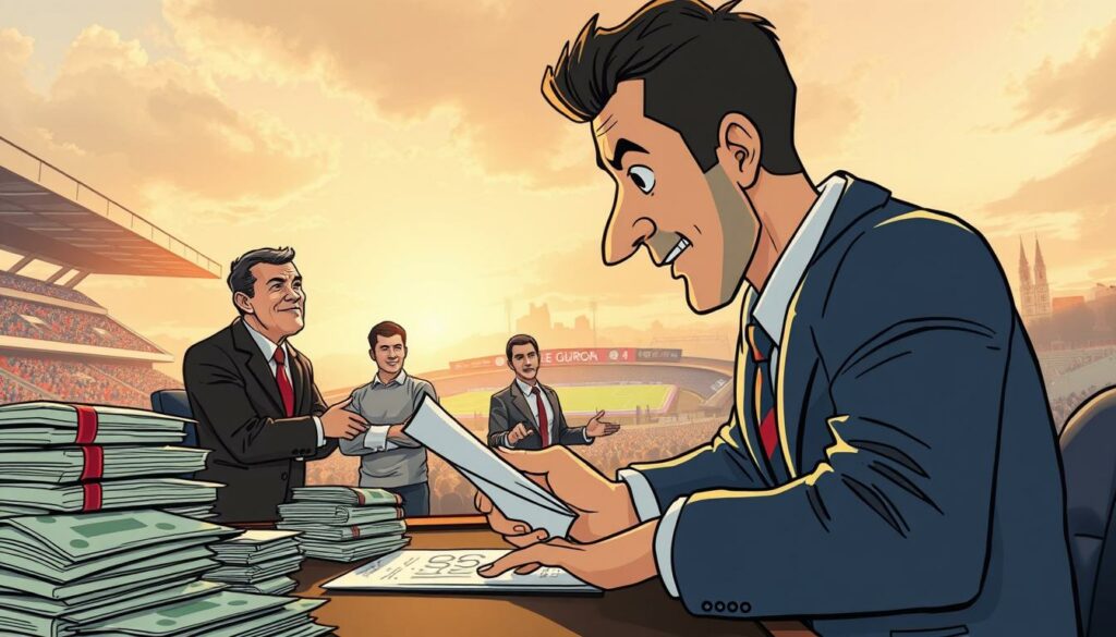 A detailed illustration of the financial aspects of Ludovit Reis' transfer to Brugge. The foreground depicts Reis signing a contract, with stacks of cash and financial documents surrounding him, conveying the monetary details of the deal. In the middle ground, Brugge and HSV club officials are engaged in negotiations, their expressions and body language suggesting a tense yet productive discussion. The background features the Brugge stadium and city skyline, bathed in a warm, golden afternoon light, creating a sense of finality and resolution to the transfer. The scene is captured with a cinematic, wide-angle lens, giving it a sense of drama and importance befitting the significance of the financial negotiations.