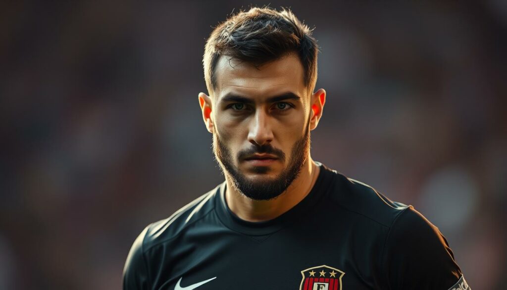 A detailed portrait of Levin Öztunali, a professional football player, against a blurred background. The lighting is soft and warm, highlighting his features. The composition places Öztunali in the center, with his upper body and face in focus. His expression is serious, reflecting his intense concentration and dedication to the game. The image conveys a sense of determination and athletic prowess, capturing the essence of his performance and abilities on the field.