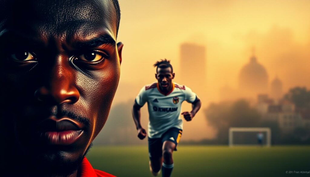 A detailed portrait of Silas Katompa Mvumpa, the Congolese footballer playing for VfB Stuttgart. In the foreground, a high-contrast close-up captures his intense gaze and sharp facial features, conveying his determination and focus. In the middle ground, a dynamic action shot depicts him in full stride, powering down the pitch in his VfB Stuttgart jersey. The background is a hazy, impressionistic rendering of the Kinshasa cityscape, his hometown, suggesting his journey from the Congo to the Bundesliga. Warm, directional lighting illuminates the scene, creating a sense of drama and cinematic flair. The overall tone is one of triumph and perseverance, reflecting Silas' remarkable career path.