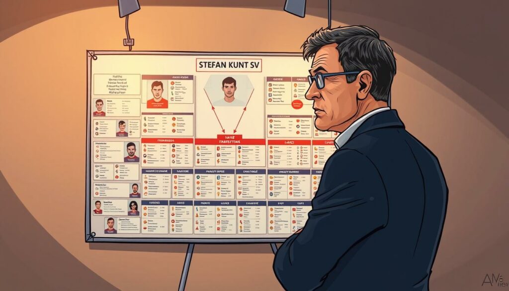 A detailed strategy board featuring Stefan Kuntz, the manager of Hamburger SV, with a focus on player transfer tactics. The board is set against a muted, professional backdrop, illuminated by warm, directional lighting. Kuntz stands before the board, his expression pensive as he examines a web of player profiles, statistics, and potential transfer scenarios. The board is filled with carefully organized information, conveying a sense of strategic planning and data-driven decision making. The overall atmosphere is one of thoughtful consideration, with Kuntz's body language and the board's layout suggesting a methodical, analytical approach to building the team's roster.