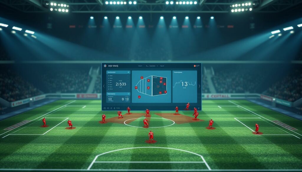 A detailed tactical analysis of a HSV football match, depicted in a cinematic style. The foreground shows a digitized 3D representation of the pitch with player positions and movement patterns highlighted in vibrant HSV colors. The middle ground features an interactive dashboard displaying key match statistics and tactical insights. The background has a moody, atmospheric lighting with blurred spectators in the stands, conveying the high-stakes intensity of the game. The overall scene has a sleek, futuristic aesthetic, emphasizing the advanced analytical tools used by the HSV coaching staff to gain a competitive edge.