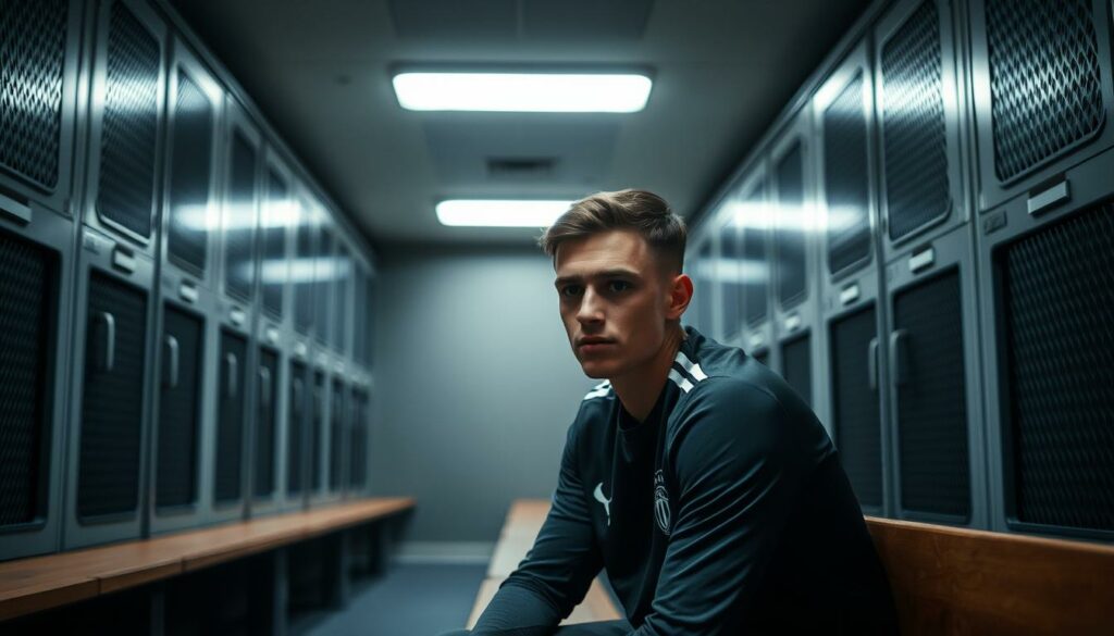 A dimly lit locker room at the Hamburger SV training grounds. Matheo Raab, the young midfielder, sits alone on a wooden bench, a thoughtful expression on his face. The shadows cast by the overhead fluorescent lights accentuate the worry lines on his brow, hinting at the pressure and uncertainty he faces. The room is sparse, with metal lockers lining the walls, reflecting the sterile, professional atmosphere of the club. Raab's uniform, slightly rumpled, suggests a long and arduous training session. The mood is somber, capturing the player's inner turmoil as he contemplates his future and the potential move to Kiel in the second division.