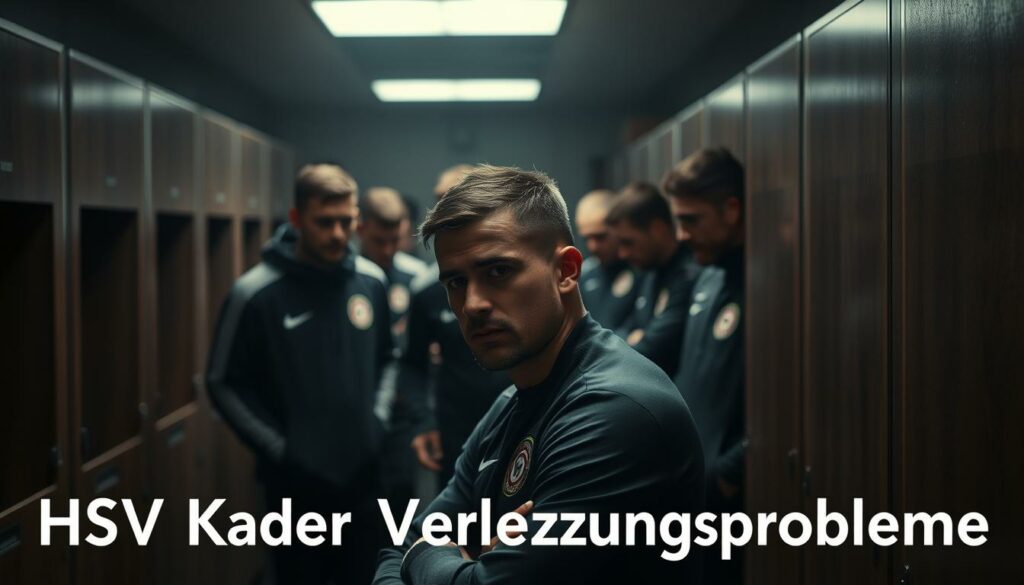 A dimly lit locker room, the air thick with tension. In the center, a group of professional soccer players, their faces etched with concern. The camera focuses on one player, his expression pained, as he leans against a wall, surrounded by medical staff. The background is a blur of activity, with team trainers and physiotherapists rushing to attend to the injured players. The lighting casts long shadows, adding to the somber mood. The scene conveys the personal and professional toll of the "HSV Kader Verletzungsprobleme" – the injury crisis plaguing the Hamburg football club.