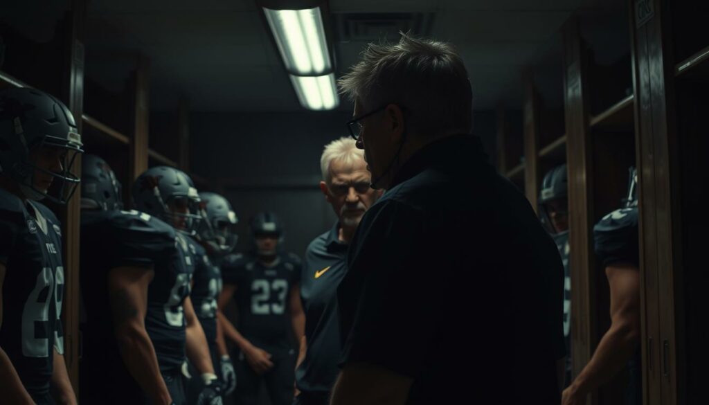 A dimly lit locker room, the air thick with tension. The head coach, Polzin, stands before his players, his expression stern and unyielding. In the foreground, a player hangs his head, his shoulders slumped, facing the consequences of his actions. The middle ground reveals the other team members, their faces etched with concern and unease, anticipating the coach's disciplinary measures. The background casts long shadows, adding to the somber mood, as the harsh fluorescent lighting casts an ominous glow. The scene conveys a sense of discipline, accountability, and the difficult decisions a coach must make to maintain control and unity within the team.