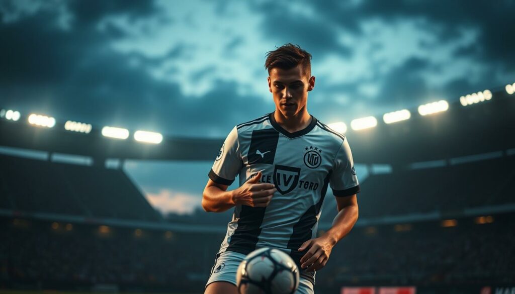 A dimly lit professional football stadium at dusk, with the focus on a young, skilled player wearing the jersey of Hamburger SV. The player, Røssing-Lelesiit, is in the center of the frame, showcasing his technical prowess and athleticism as he controls the ball, surrounded by a sense of anticipation and the potential for greatness. The stadium's lights cast dramatic shadows, creating a moody, cinematic atmosphere that captures the player's intensity and the high-stakes nature of his current role and future prospects with the club.