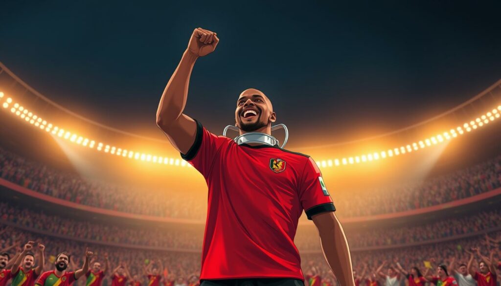 A dramatic, cinematic scene of Vincent Kompany, the Belgium national football team captain, celebrating a Champions League victory. Kompany stands tall on the pitch, fist pumped in triumph, surrounded by a sea of cheering fans. The floodlights cast a warm, golden glow, illuminating the player's determined expression and the stadium's electric atmosphere. In the background, the iconic Champions League trophy stands as the centerpiece, a symbol of Kompany's hard-fought success. The composition emphasizes the player's commanding presence and the magnitude of the moment, capturing the essence of his career-defining achievement.