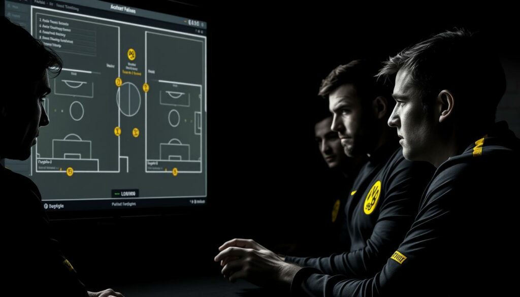A dramatic, high-contrast rendering of Borussia Dortmund's players in a pre-match Achtelfinale (round of 16) tactical analysis session. The image depicts the squad deep in concentration, studying formations and strategies on a large digital screen. Chiaroscuro lighting casts sharp shadows, heightening the intensity. The players' expressions are focused, brows furrowed, as they pore over data and game footage, determined to devise a winning plan. The scene evokes the gravity of the upcoming Champions League match, the players fully committed to their preparation and performance.