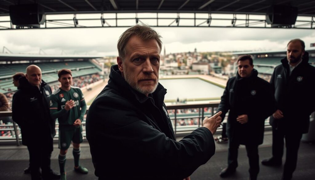 A dramatic scene of Ole Werner's departure from Werder Bremen, captured in a cinematic fashion. The foreground features Werner, his face etched with a mixture of determination and melancholy, as he shakes hands with the club's officials against the backdrop of the iconic Weserstadion. The middle ground showcases the team's players and staff, their expressions conveying a sense of uncertainty and transition. In the background, the city of Bremen is visible, with its historic buildings and the Weser River flowing calmly, representing the club's rich heritage. The lighting is somber, with dramatic shadows and muted tones, creating an atmosphere of bittersweet finality. The camera angle is slightly elevated, lending a sense of gravitas to the moment, as if capturing a pivotal chapter in the club's history.