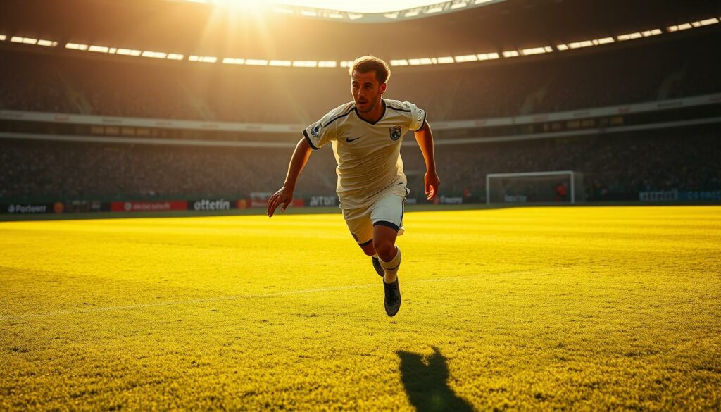 A dramatic scene of a soccer player, likely a midfielder, decisively making a "Transferentscheidung" (transfer decision) on a lush, verdant pitch. The player is in mid-motion, their jersey rippling as they cut across the field, eyes fixed intently on their next move. The scene is bathed in warm, golden sunlight, creating a sense of energy and determination. In the background, the silhouettes of the stadium stands and city skyline lend a sense of grandeur and significance to the moment. The overall atmosphere conveys the gravity and high stakes of the player's transfer decision, which will shape the future of their career and the fortunes of their club.
