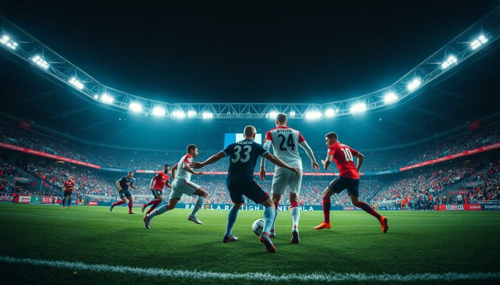 A dynamic Bundesliga soccer match analysis, captured with a cinematic wide-angle lens. The foreground depicts the players engaged in an intense tactical battle, their movements and decisions scrutinized. The middle ground showcases the stadium's vibrant atmosphere, spectators in the stands and the match officials overseeing the proceedings. In the background, the distinctive architecture of the Bundesliga stadium looms, bathed in dramatic, contrasting lighting that enhances the sense of energy and drama. The overall mood is one of immersive, high-stakes competition, reflecting the challenges and triumphs of the "Das Spiel im Detail: BVB kämpft sich zu einem Punkt" section.