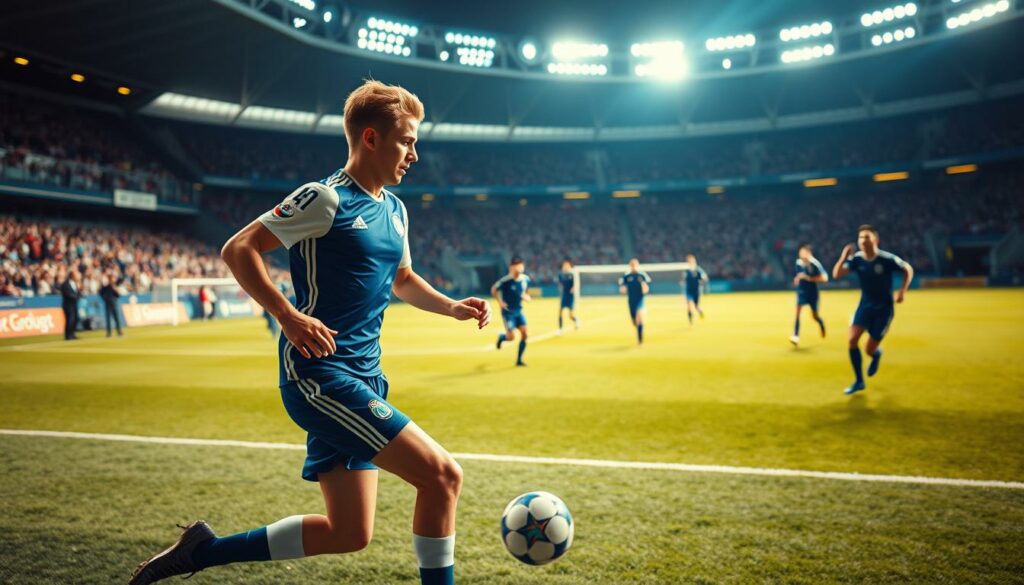 A dynamic, action-packed soccer match featuring a young Finnish player, Luka Hyryläinen, in his prime. Set in a well-lit, modern stadium, the foreground captures Luka's intense focus as he dribbles the ball down the field, his physique and athleticism on full display. The middle ground showcases the opposing team's defense, their players striving to regain possession. In the background, the stands are filled with enthusiastic fans, creating an electric atmosphere that heightens the sense of competitive spirit. The lighting is warm and natural, accentuating the players' movements and the vibrant colors of the uniforms. The angle is slightly elevated, providing a comprehensive view of the tactical gameplay unfolding on the pitch, highlighting Luka's potential to excel at the highest level.