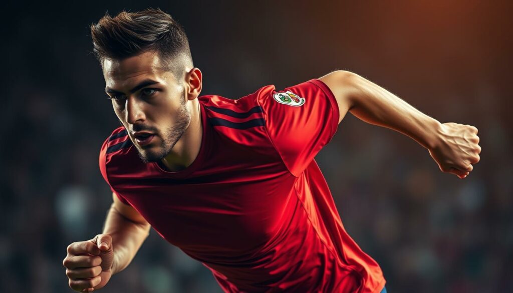 A dynamic and athletic soccer player sprinting down the wing, their speed and agility on full display. Detailed close-up shot with crisp, high-resolution focus, capturing the player's determined expression, chiseled physique, and focused, intense gaze. Dramatic, cinematic lighting casts dramatic shadows and highlights the player's form, conveying a sense of power and explosive movement. The background is blurred, placing the spotlight solely on the player and their exceptional abilities. Vibrant, saturated colors accentuate the jersey's vivid hues, creating a visually striking and captivating image.