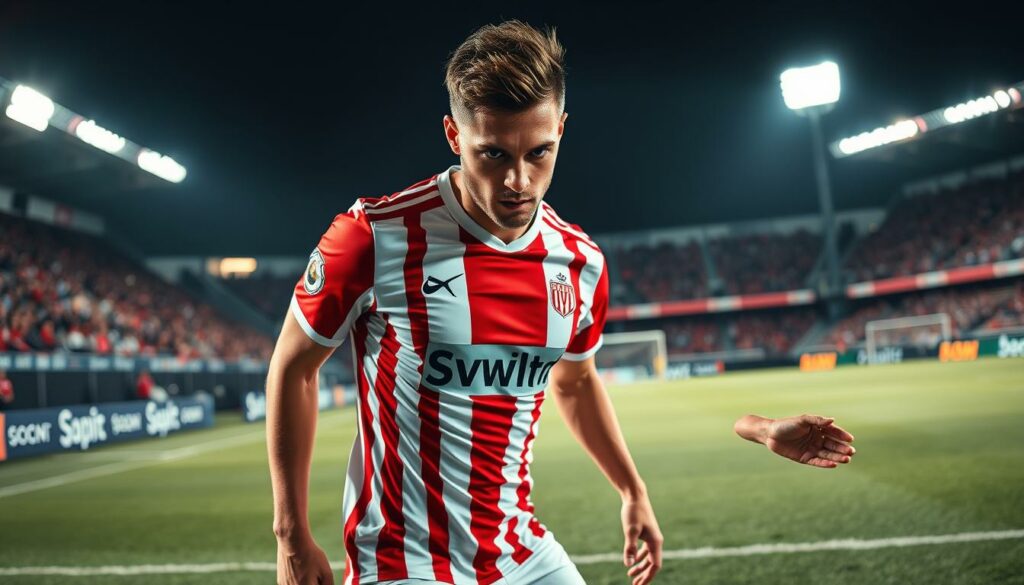 A dynamic defensive midfield player in the distinctive red and white striped jersey of SSV Ulm 1846, standing confidently on the pitch, radiating focus and determination. The player's muscular frame and precise movements suggest a commanding presence on the field, ready to win back possession and orchestrate attacking plays. The image is captured with a wide-angle lens, placing the player in the center of the frame, with the stadium's stands and floodlights fading into the background, creating a sense of intensity and purpose. Warm, natural lighting illuminates the player's features, highlighting the intensity in their eyes and the sweat glistening on their brow, conveying the physical demands of the game.