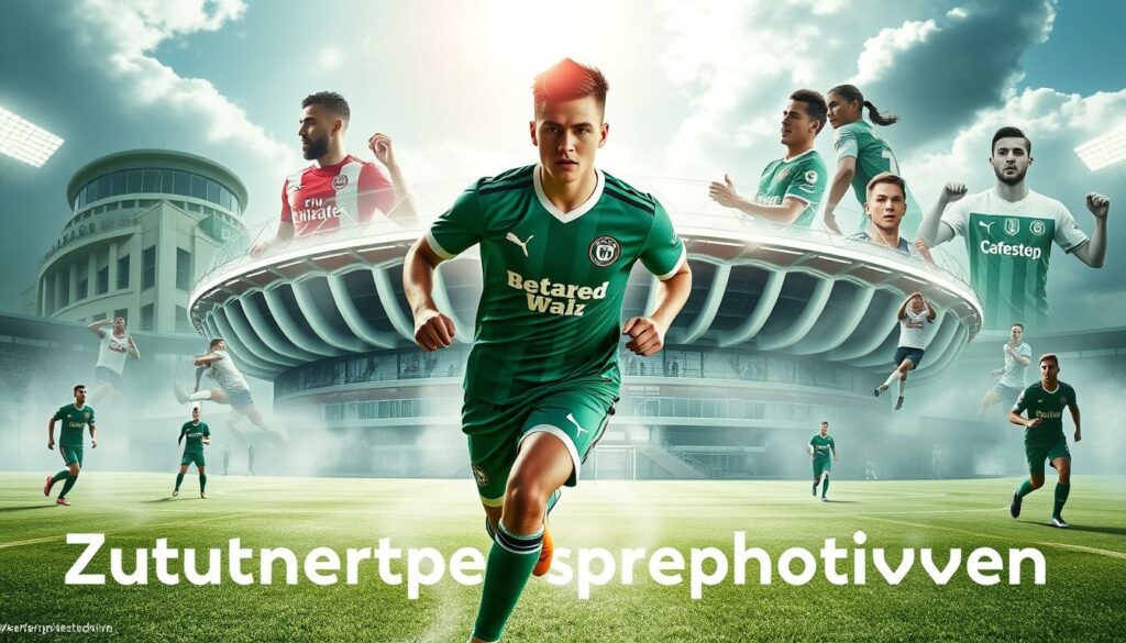 A dynamic, forward-looking depiction of Werder Bremen players, capturing their potential and the club's bright future. In the foreground, a young, talented footballer showcases his skills with graceful movements, his expression filled with determination. The middle ground features the iconic Weserstadion, its modern architecture and vibrant atmosphere evoking a sense of pride and ambition. In the background, a montage of Werder Bremen's recent accomplishments and rising stars, hinting at the club's vision for continued success. Dramatic lighting casts dynamic shadows, emphasizing the players' athleticism and the stadium's architectural grandeur. An overall aura of optimism and promise pervades the scene, reflecting the "Zukunftsperspektiven" (future prospects) of Werder Bremen.