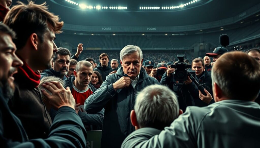 A dynamic, high-contrast scene depicting the aftermath of a power struggle in Polish football. In the foreground, a group of passionate fans engage in heated debate, their expressions a mix of triumph and disappointment. The middle ground features a press conference, with a weary-looking coach resigning, surrounded by a crowd of attentive journalists capturing the moment. In the background, a stadium looms, its stands empty, the atmosphere somber and reflective. The lighting is dramatic, with deep shadows and highlights emphasizing the tension and emotion of the moment. The overall composition conveys a sense of turbulence and uncertainty, as the Polish football community grapples with the fallout of a significant leadership change.
