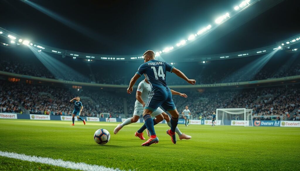 A dynamic, high-intensity defensive strategy unfolds on the pitch, with the newly acquired HSV defender taking center stage. The scene captures the player in a state of heightened alertness, positioning themselves with precision and agility to thwart any opposing attacks. Intricate defensive maneuvers, sharp pivots, and calculated interventions create a symphony of defensive prowess, all within the vibrant green expanse of the HSV home stadium. Shafts of light pierce through the stadium's floodlights, casting dramatic shadows and highlighting the player's determination and focus. The atmosphere is electric, as the crowd's roar echoes through the stands, lending an air of urgency and anticipation to the defensive display.