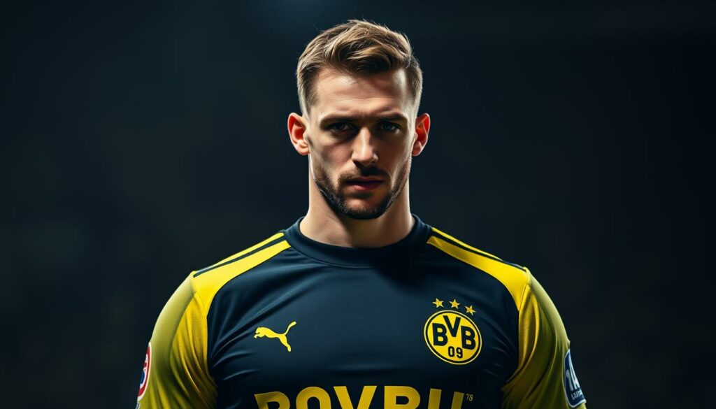 A dynamic portrait of Gregor Kobel, the talented goalkeeper of Borussia Dortmund, standing tall and resolute in his BVB kit. The lighting is dramatic, casting shadows that accentuate his chiseled features and intense gaze, conveying a sense of determination and focus. The background is blurred, placing the emphasis squarely on Kobel's powerful presence, hinting at his crucial role in Dortmund's future. The composition is bold and cinematic, capturing the essence of this rising star and the excitement surrounding his continued development within the club.