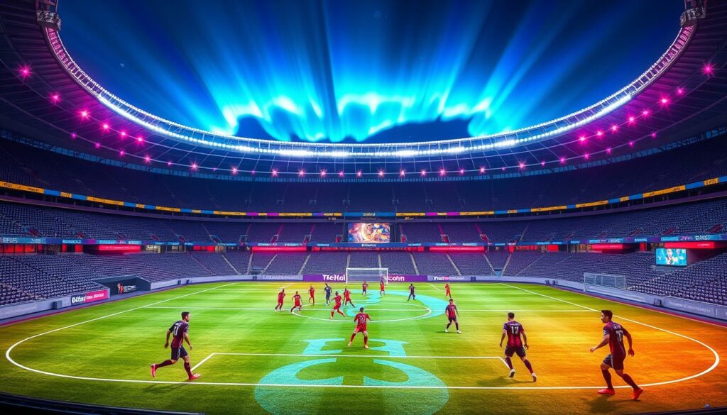 A dynamic soccer stadium with a futuristic, circular design, bathed in vibrant stadium lighting. In the foreground, players in futuristic, neon-accented uniforms compete on a sleek, holographic playing field. The middle ground features tiered seating areas with state-of-the-art video displays and digital signage. The background showcases a night sky with a vivid, aurora-like lighting effect, creating an otherworldly, sci-fi atmosphere. The overall scene conveys a sense of innovation, technological advancement, and the excitement of a revolutionary new format for the Club World Cup.