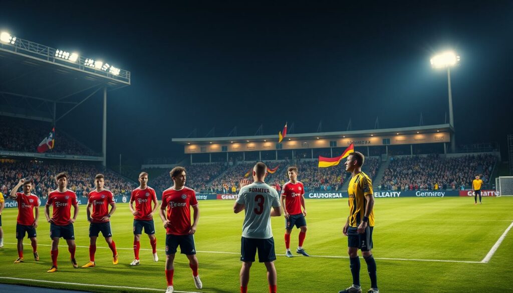 A floodlit football stadium at night, the pitch illuminated with a warm glow. In the foreground, a group of German soccer players in their distinctive kits, training and preparing for the Club World Cup. The Bayern Munich and Borussia Dortmund crests prominently displayed on their uniforms. In the middle ground, a crowd of excited fans waving flags and banners, their faces lit by the stadium lights. The background features the iconic architecture of the host city, perhaps the silhouette of a famous landmark visible in the distance. The overall atmosphere conveys the anticipation and intensity of the upcoming international club competition.