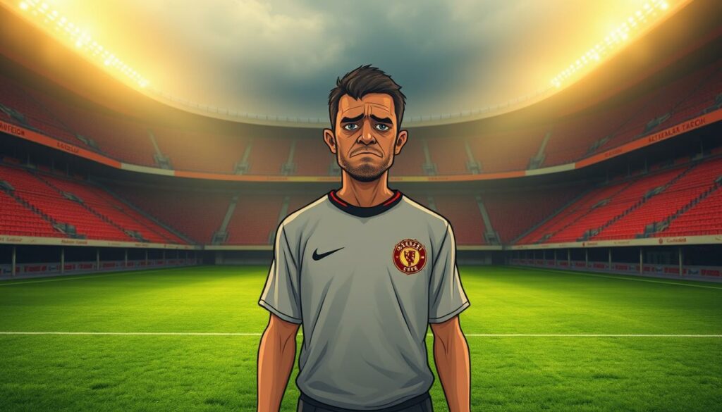 A forlorn former footballer, once a Bundesliga star, now adrift in the aftermath of his team's descent. Clad in a faded jersey, he stands alone on an empty pitch, the lush green grass stretching out before him like a vast, melancholic expanse. Warm, golden light filters through the stadium's decaying grandstands, casting a bittersweet glow on his weary features. His gaze is downcast, shoulders slumped, a haunting embodiment of the price paid for the fleeting glory of the Bundesliga. This is the portrait of a fallen hero, a cautionary tale of the transient nature of success in the world of professional football.