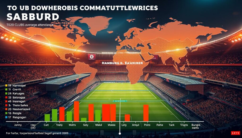 A global stadium comparison of football attendance, showcasing the expansive fan bases and captivating atmosphere of the world's most beloved sport. In the foreground, a visually striking data visualization presents a detailed ranking of the top 20 clubs by average match attendance, with the Hamburger SV's impressive fan turnout prominently featured. The middle ground features the iconic stadiums of these football giants, their architectural grandeur and capacity for fervent supporters emphasized through a cinematic, wide-angle perspective. The background encompasses a world map, highlighting the international reach and cultural significance of the game, connecting diverse regions and communities through a shared passion for the beautiful game. Illuminated by warm, golden lighting that evokes the electric energy of match day, this comprehensive global comparison invites the viewer to immerse themselves in the thrilling spectacle of football fandom on a worldwide scale.