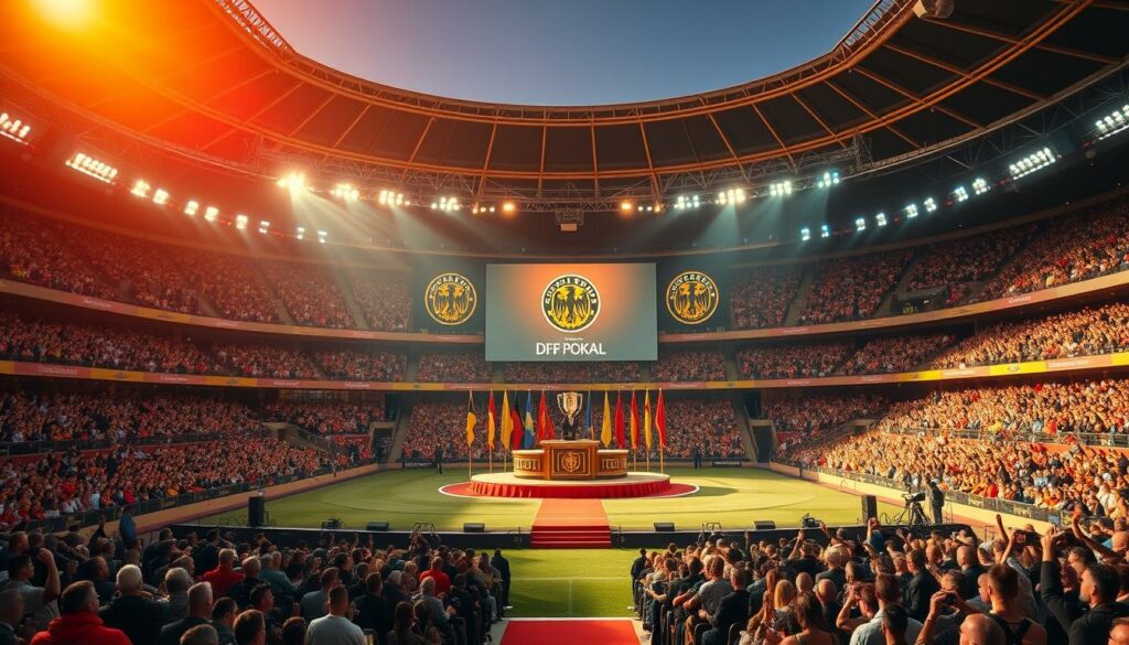 A grand amphitheater of soccer glory, the DFB Pokal erste Runde Auslosung stage stands resplendent under warm, golden lights. Majestic German crests adorn the backdrop, framing the ornate podium where officials make the pivotal draws. Rows of expectant fans in team colors fill the stadium, their anticipation palpable. Cameras capture every moment, as the teams' fates are sealed, setting the stage for an epic cup clash. The air is electric, charged with the spirit of Germany's most prestigious football tournament, where underdogs and titans alike vie for the coveted trophy.