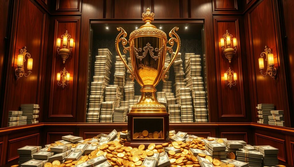 A grand, gleaming trophy case filled with glittering prizes, set against a backdrop of rich, polished mahogany paneling. The centerpiece, a massive golden trophy, stands tall and proud, its intricate details catching the warm, soft light cast by elegant sconces on the walls. Stacks of crisp banknotes and shimmering gold coins spill out from the case, creating an impression of untold wealth and triumph. The overall atmosphere exudes a sense of prestige, power, and the thrill of high-stakes competition.