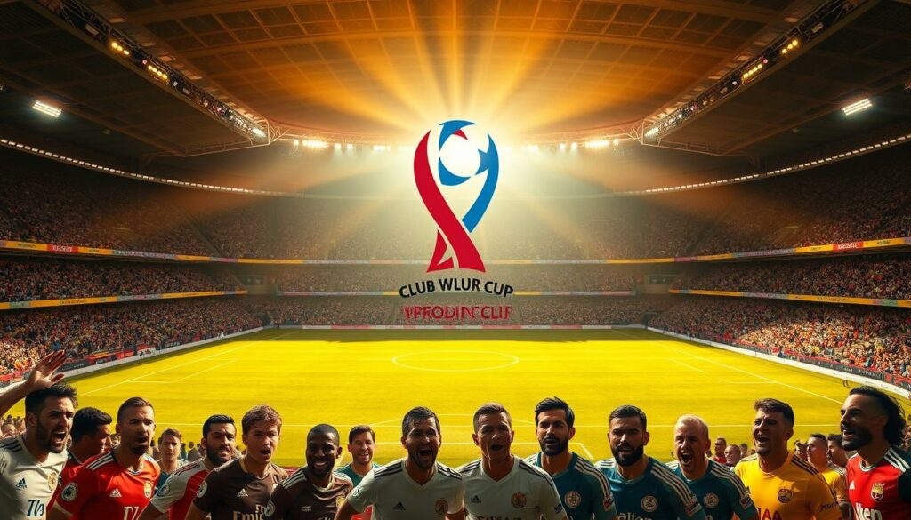 A grand stadium with a sprawling pitch, illuminated by warm, golden-hued lighting that casts long shadows across the field. In the center, the iconic FIFA Club World Cup logo proudly stands, its bold design and vibrant colors reflecting the prestige and significance of this prestigious tournament. In the foreground, a group of elite, world-class footballers from diverse nationalities and backgrounds, their expressions fierce with determination, as they compete for the coveted trophy. The atmosphere is electric, with the roar of the crowd echoing through the air, creating a sense of energy and anticipation. The image captures the essence of the FIFA Club World Cup, a celebration of the pinnacle of club football, where the best of the best come together to battle for global supremacy.