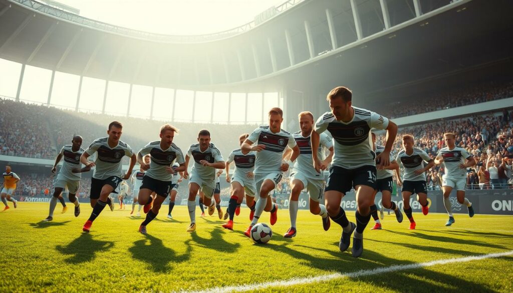 A gripping soccer match unfolds on a lush green pitch, the players locked in an intense battle against their French rivals. In the foreground, the German team, clad in their iconic white and black uniforms, charge forward with determination. The midfield is a flurry of movement, as players skillfully maneuver the ball, their faces etched with focus and intensity. In the background, the stadium stands are filled with passionate fans, their cheers and chants creating an electrifying atmosphere. The lighting is dramatic, with the sun casting long shadows across the field, adding to the sense of high-stakes drama. The camera captures the game from a low angle, emphasizing the power and athleticism of the players as they compete for the chance to advance to the final. This is the Halbfinale gegen Frankreich, a pivotal moment in the team's journey.