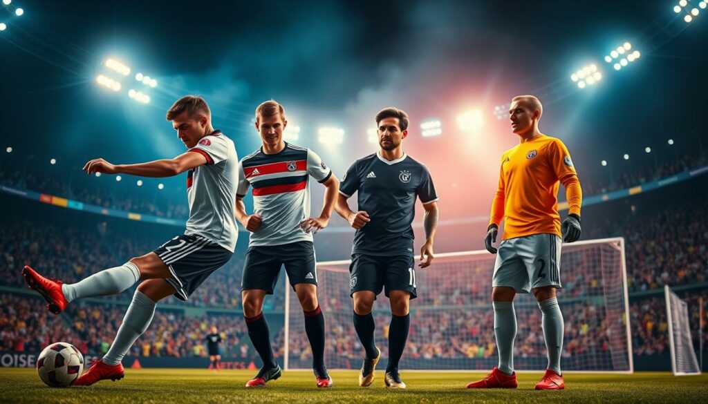 A group of German U21 national team players, the key contributors to their recent victory, stand tall and proud in a dynamic, action-packed scene. In the foreground, the star striker makes a powerful shot, his expression determined and focused. Behind him, the playmaker controls the ball with graceful ease, scanning the field for opportunities. In the middle ground, the sturdy defender clears the ball with a well-timed tackle, while the experienced goalkeeper commands the goal with confidence. In the background, the stadium roars with the energy of the crowd, the vibrant colors and lights creating an atmosphere of triumph and national pride. Illuminated by dramatic, cinematic lighting, this ensemble of skilled, passionate players embodies the essence of the "Schlüsselspieler" who secured Germany's victory.