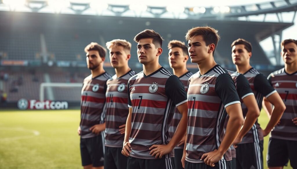 A group of talented young German soccer players, the key members of the country's U21 national team, stand on a well-lit soccer pitch. Wearing their signature national team uniforms, they exude confidence and determination, their faces reflecting the intensity of the game. The lighting casts dramatic shadows, emphasizing their muscular physiques and athletic prowess. In the background, the stadium stands loom, hinting at the grandeur of the stage upon which these rising stars will showcase their skills. The overall atmosphere conveys the high-stakes nature of international youth competition, where these players strive to prove themselves and secure their place in the senior national team.