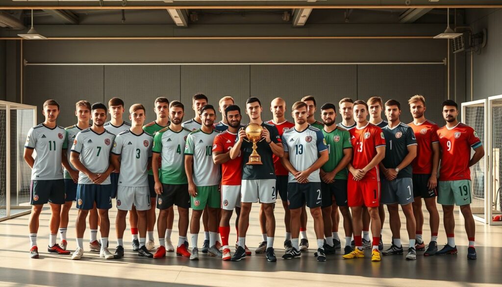 A group portrait of the 2021 U21 European Championship winning team, gathered together in a modern training facility. The players, now in their prime, stand proudly in their current club uniforms, reflecting the diverse paths their careers have taken since their triumphant victory. The scene is bathed in warm, natural light, creating a sense of camaraderie and shared accomplishment. The background features state-of-the-art training equipment, hinting at the players' continued dedication to their craft. The overall mood is one of pride, success, and the realization of their youthful potential, capturing the essence of where these once-young champions find themselves today.