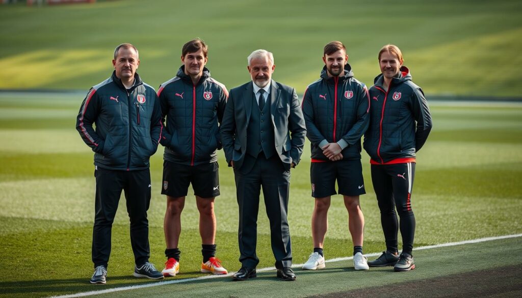 A group portrait of the coaching staff of 1.FC Nürnberg, the historic German football club, standing confidently on the sidelines of a lush, meticulously manicured pitch. The head coach, dressed in a sharp suit, stands in the center, flanked by his assistant coaches in casual sportswear. Their expressions convey a sense of determination and focus, reflecting the club's rich tradition and its current challenges. The lighting is natural and warm, casting subtle shadows that accentuate the individuals' features. The composition is balanced, with the coaches arranged in a visually pleasing manner, creating a sense of unity and professionalism. The background is slightly blurred, placing the emphasis on the team's leadership and their crucial role in guiding the club through its present-day obstacles.