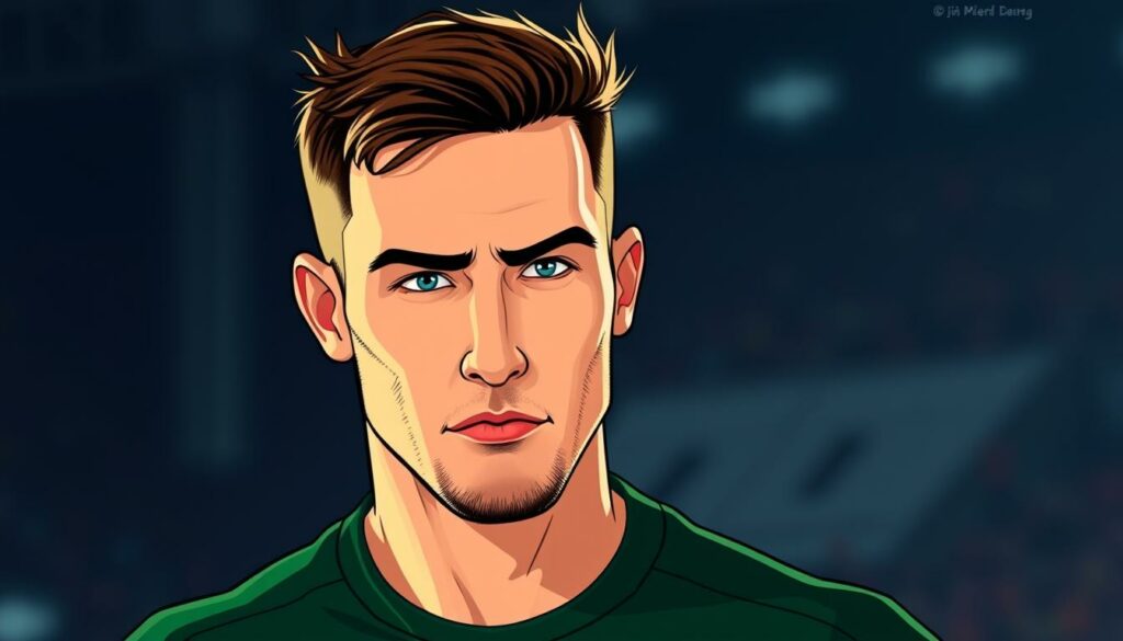 A headshot of Niclas Füllkrug, a German professional footballer who plays as a striker for Bundesliga club Werder Bremen. He is wearing a dark green jersey and his face is illuminated by soft, directional lighting from the left side, creating dramatic shadows and highlights that accentuate his strong, determined features. The background is blurred, with hints of a stadium or training ground setting, suggesting the professional context of the image. The overall mood is one of intensity and focus, reflecting Füllkrug's dedication to his sport and his potential as a rising star in Italian football, as the section title suggests.