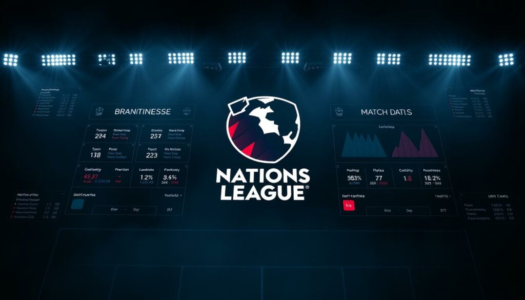 A high-angle, cinematic rendering of the UEFA Nations League logo and performance analytics data, set against a moody, atmospheric backdrop. The Nations League crest takes center stage, surrounded by a dynamic visualization of team rankings, player statistics, and match data. The lighting is dramatic, with deep shadows and highlights that accentuate the bold, angular design elements. The overall composition conveys a sense of intensity, precision, and the gravity of international football competition.