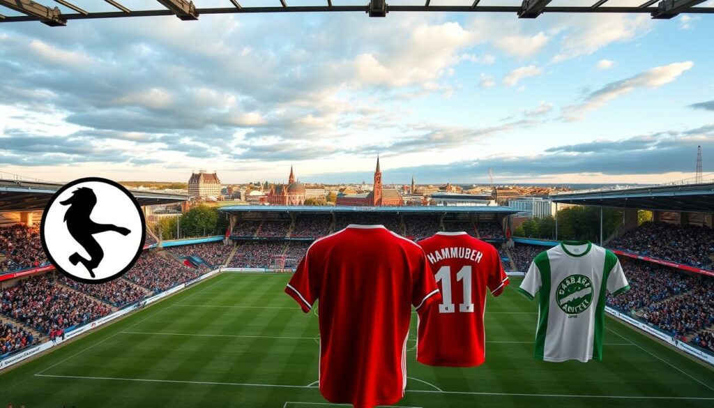 A high-angle view of a football stadium, the Bundesliga logo prominently displayed in the foreground. In the middle ground, the jerseys of the competing teams - Hamburg SV, Bayern Munich, and Werder Bremen - are visible, their colors vibrant and dynamic. The background features a cityscape, with the iconic architecture of Bremen visible in the distance, bathed in a warm, golden light. The scene conveys a sense of anticipation and excitement for the upcoming Bundesliga match, the intensity of the competition palpable in the air.