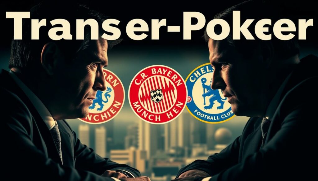 A high-contrast, cinematic image of the fabled "Transfer-Poker" between German giants Bayern Munich and English powerhouse Chelsea. In the foreground, two stern-faced football executives lock eyes, silently negotiating the fate of a sought-after player. Dramatic lighting casts dramatic shadows, heightening the tension. The middle ground features the iconic crests of the two clubs, their colors clashing in a symbolic power struggle. In the background, a blurred urban cityscape suggests the global scale of the transfer market. The overall mood is one of high-stakes gamesmanship, as the two titans of European football battle for supremacy.