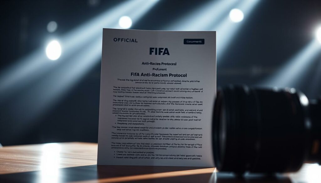 A high-contrast, documentary-style photograph of the official FIFA anti-racism protocol document, shot with a professional camera lens. The document is positioned prominently in the center, with a slight blur in the foreground and background to draw the eye. The lighting is dramatic, casting strong shadows and highlights to convey the gravity of the subject matter. The overall tone is serious and authoritative, reflecting the importance of this official policy. The image should communicate the seriousness and significance of the FIFA anti-racism guidelines.