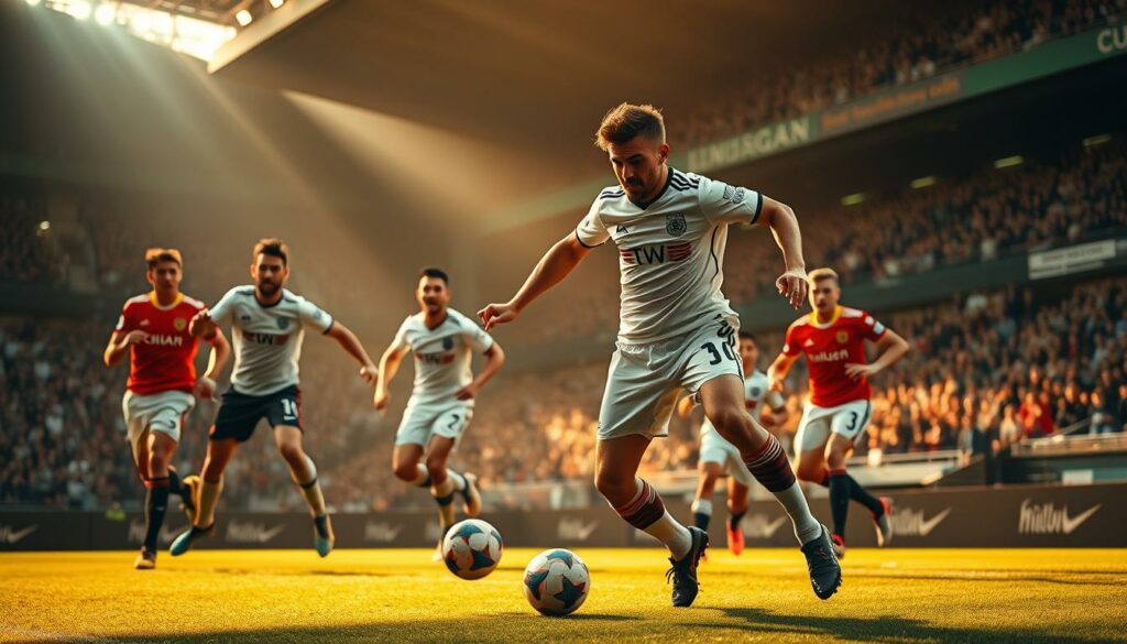 A high-energy Bundesliga soccer match, with players in their distinctive uniforms skillfully maneuvering the ball down the pitch. Tight shots capture the determination on their faces, muscles straining as they leap and weave through the opposition. The stadium is bathed in warm, golden light, casting dramatic shadows that accentuate the players' dynamism. In the background, a packed crowd roars their approval, creating an electric atmosphere. The overall composition conveys the thrill and intensity of professional German football, with Florian Wirtz at the heart of the action, poised to make his mark.