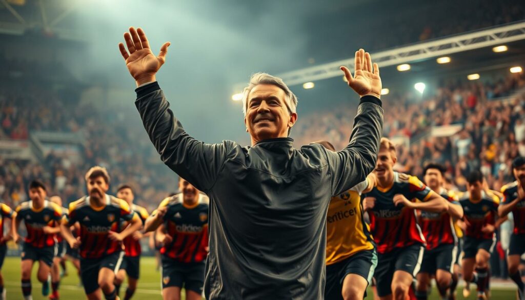 A high-intensity football match, players charging across the field with unwavering determination. Sweat glistening, muscles straining, as the crowd erupts in a frenzy of cheers and applause. The air crackles with a palpable sense of triumph, the team's collective effort leading to a hard-fought victory. In the foreground, the coach stands with hands raised, face etched with a mixture of relief and pure, unbridled joy. Surrounding him, the players embrace, their expressions mirroring the emotional weight of this pivotal moment. The stadium's lights cast a warm, golden glow, bathing the scene in a celebratory atmosphere. This is the essence of the "Sportlicher Aufstieg" - a journey of resilience, passion, and the pure elation of achievement.