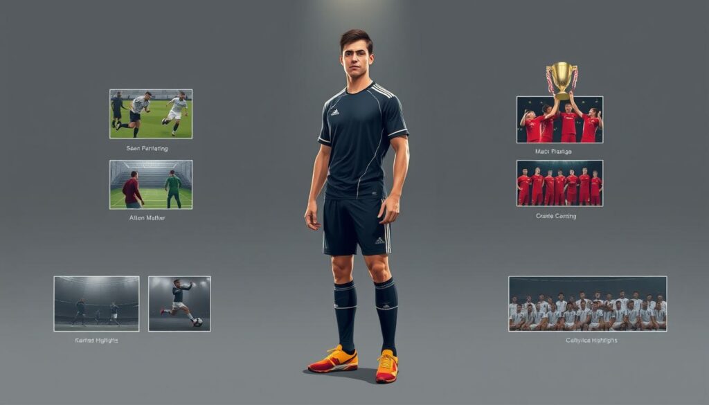A high-quality digital illustration of the career milestones of a professional soccer midfielder. The central figure, clad in a sleek uniform, stands in a dynamic pose, showcasing his skills and athleticism. Surrounding him are smaller vignettes depicting key moments in his career - training sessions, match highlights, trophy celebrations, and team photos. The composition features a modern, minimalist style with a muted color palette, emphasizing the subject's focus and determination. Dramatic lighting and subtle textures create depth and a sense of movement, capturing the essence of the midfielder's journey to the top of his profession.