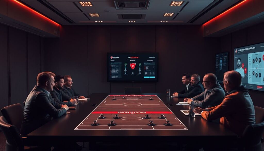 A high-quality image of "RB Leipzig Traineranalyse" showcasing a thoughtful discussion on the club's search for a new head coach. Set in a dimly lit conference room, the scene features a large table surrounded by attentive executives and scouts. Warm lighting from overhead casts dramatic shadows, creating an atmosphere of serious deliberation. In the foreground, a detailed tactical board displays player formations and potential strategies, while in the background, a large screen displays data visualizations and scouting reports. The overall composition conveys the gravity and complexity of the decision-making process as RB Leipzig navigates this critical juncture.