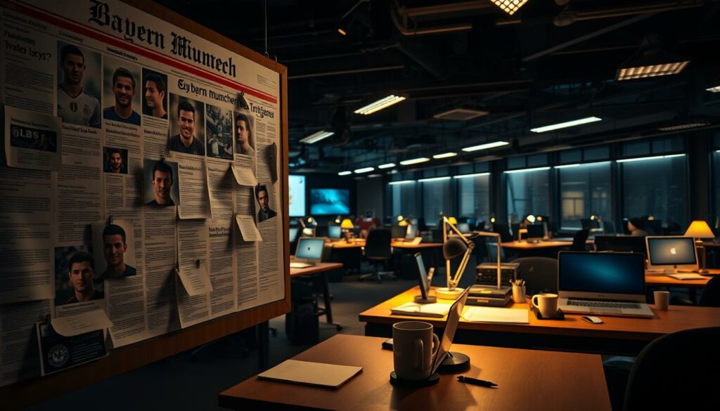 A high-quality photograph of Bayern Munich transfer rumors, captured in a newsroom setting. The foreground features a large bulletin board with newspaper clippings, player headshots, and handwritten notes pinned to it, conveying a sense of active investigation and speculation. The middle ground shows a journalist's desk with a laptop, notepad, and coffee mug, suggesting ongoing research and analysis. The background depicts a dimly lit newsroom with desks, computers, and the hum of activity, creating an atmosphere of professional scrutiny and intense media focus. The lighting is a blend of warm desk lamps and cool overhead fluorescents, casting dramatic shadows and highlights. The overall scene evokes a sense of anticipation and the weight of important decisions around potential player transfers.