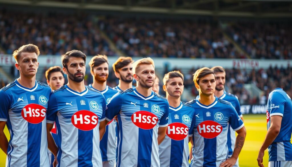 A high-quality photograph of a group of HSV (Hamburger SV) soccer players, shot with a professional-grade camera. The players are standing together on the pitch at the Volksparkstadion, their faces clearly visible. They are wearing their signature blue and white jerseys, with the iconic HSV logo prominently displayed. The lighting is natural and warm, with a soft focus that emphasizes the players' expressions and camaraderie. The background is slightly blurred, drawing the viewer's attention to the team as the central focus. The overall atmosphere is one of determination, pride, and anticipation, capturing the essence of the HSV team on the cusp of a new chapter in their Bundesliga journey.