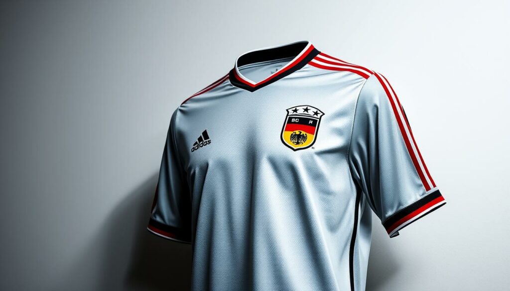 A high-quality soccer jersey with the iconic German national team crest and colors, artfully displayed against a clean, minimalist backdrop. The jersey's fabric shimmers subtly in the soft, directional lighting, highlighting its premium construction and materials. The jersey is the central focus, positioned in the foreground with careful attention to composition and perspective, allowing the viewer to appreciate the jersey's design details and striking visual appeal. The overall mood is one of understated elegance and sportswear excellence, perfectly suited to illustrate the "Preis-Leistungs-Verhältnis und Angebote" section of the "Deutschland WM Trikot ein Überblick" article.
