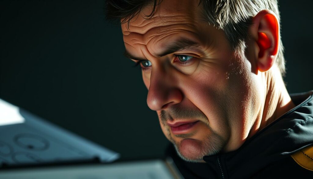 A high-resolution close-up portrait of Antonio Di Salvo, the renowned German U21 national team manager, deep in tactical contemplation. Soft lighting from the side casts dramatic shadows across his focused expression, emphasizing his intense gaze and furrowed brow as he studies a tactical diagram on a clipboard. The background is blurred, drawing the viewer's attention to the coach's masterful analysis, the essence of his tactical brilliance that led his team to victory. The image conveys a sense of quiet determination, technical expertise, and the weight of responsibility on Di Salvo's shoulders as he navigates a crucial match.